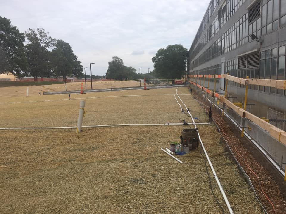 Construction site next to a building. Ground covered in dry grass. Orange cones and tools are visible.