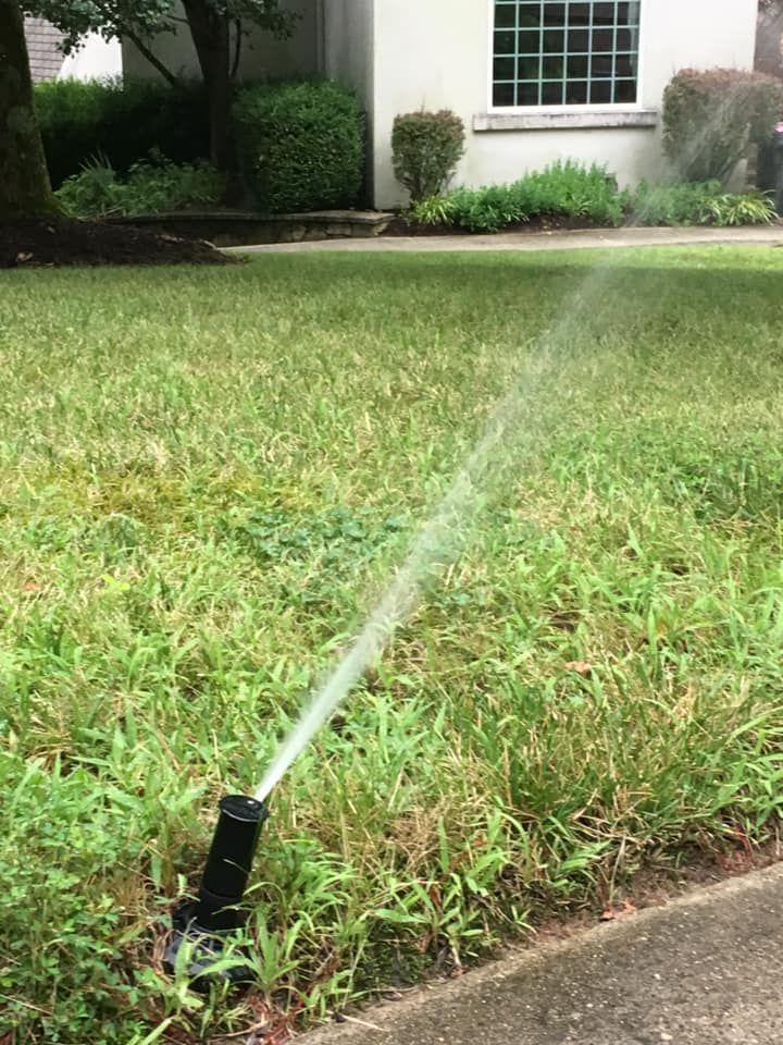 Sprinkler watering lawn with stream of water near a sidewalk and house.