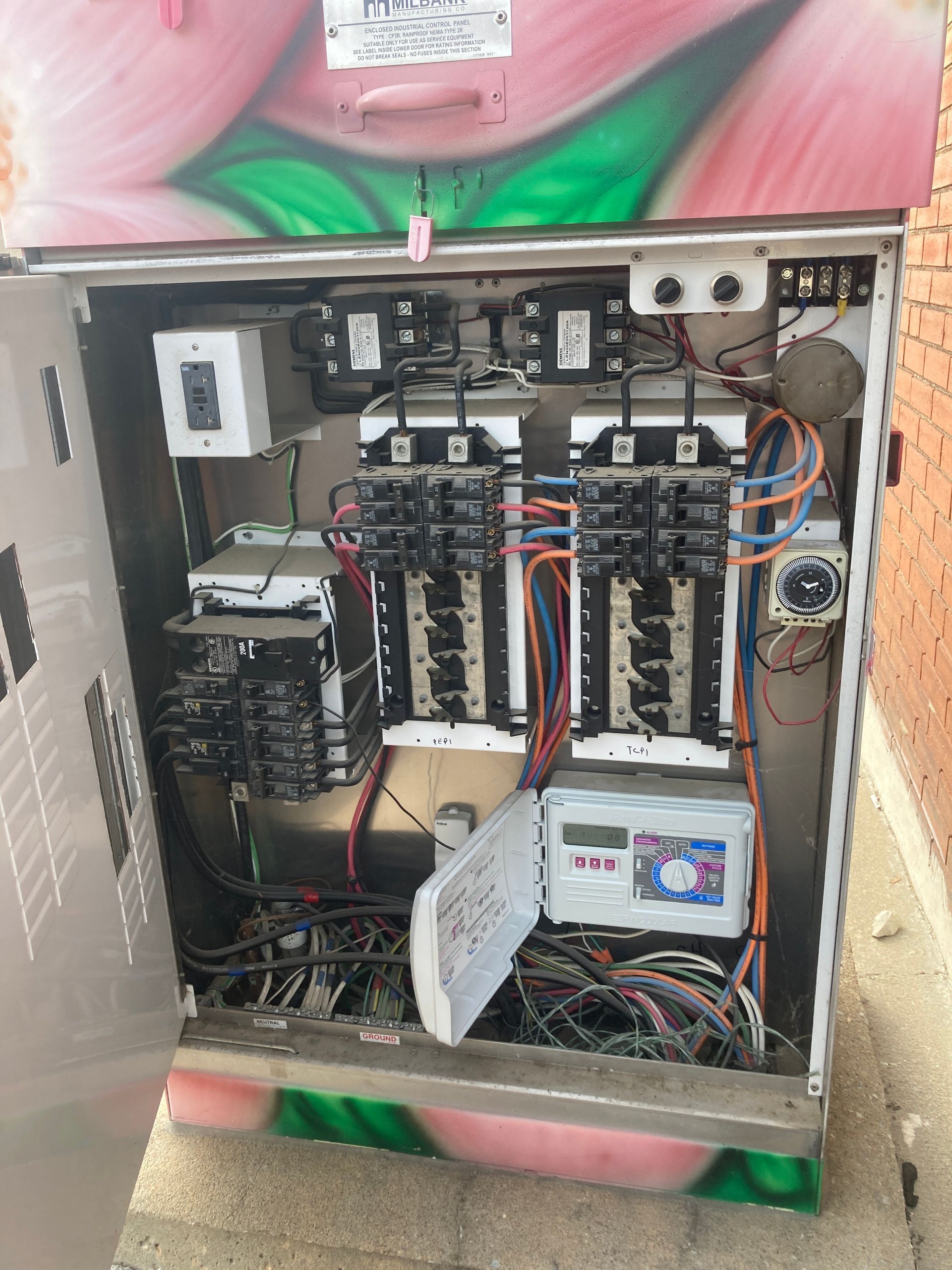 Open electrical box with circuit breakers, wires, and meters. Box is painted with pink and green floral art.