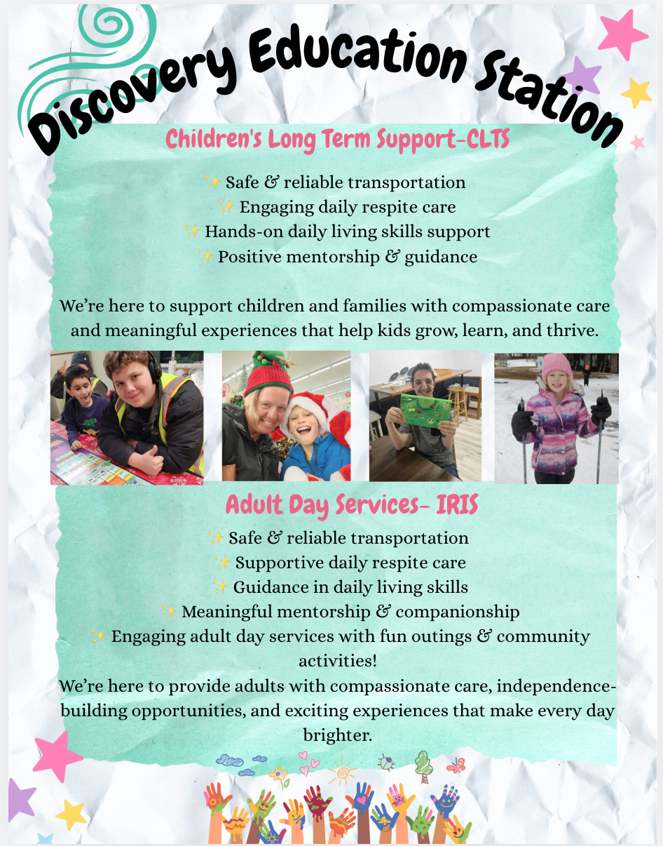 Flyer for Discovery Education Station detailing Children's Long Term Support and Adult Day Services for individuals.