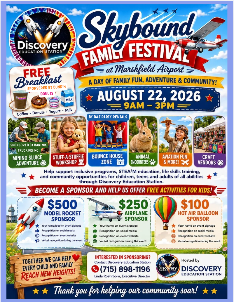 Fun family day festival flyer with a red airplane, museum logos, family activities, and a bus at a school.