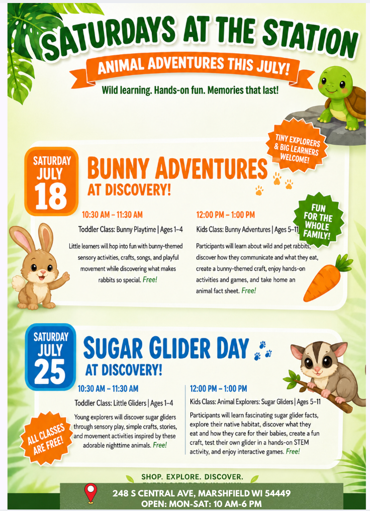 Event Flyer for March 2026 Saturday classes at the station in Marshfield, WI. 