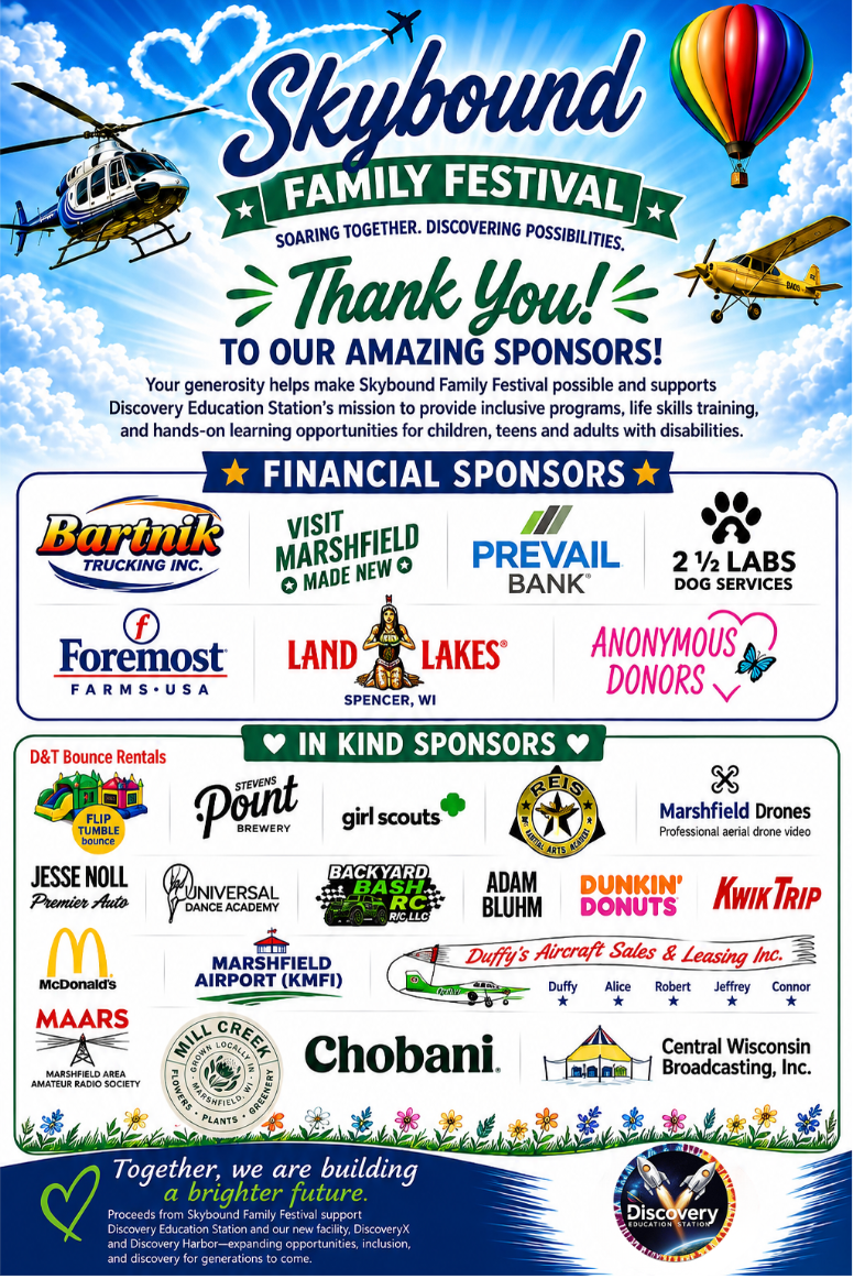 Fun family day festival flyer with a red airplane, museum logos, family activities, and a bus at a school.