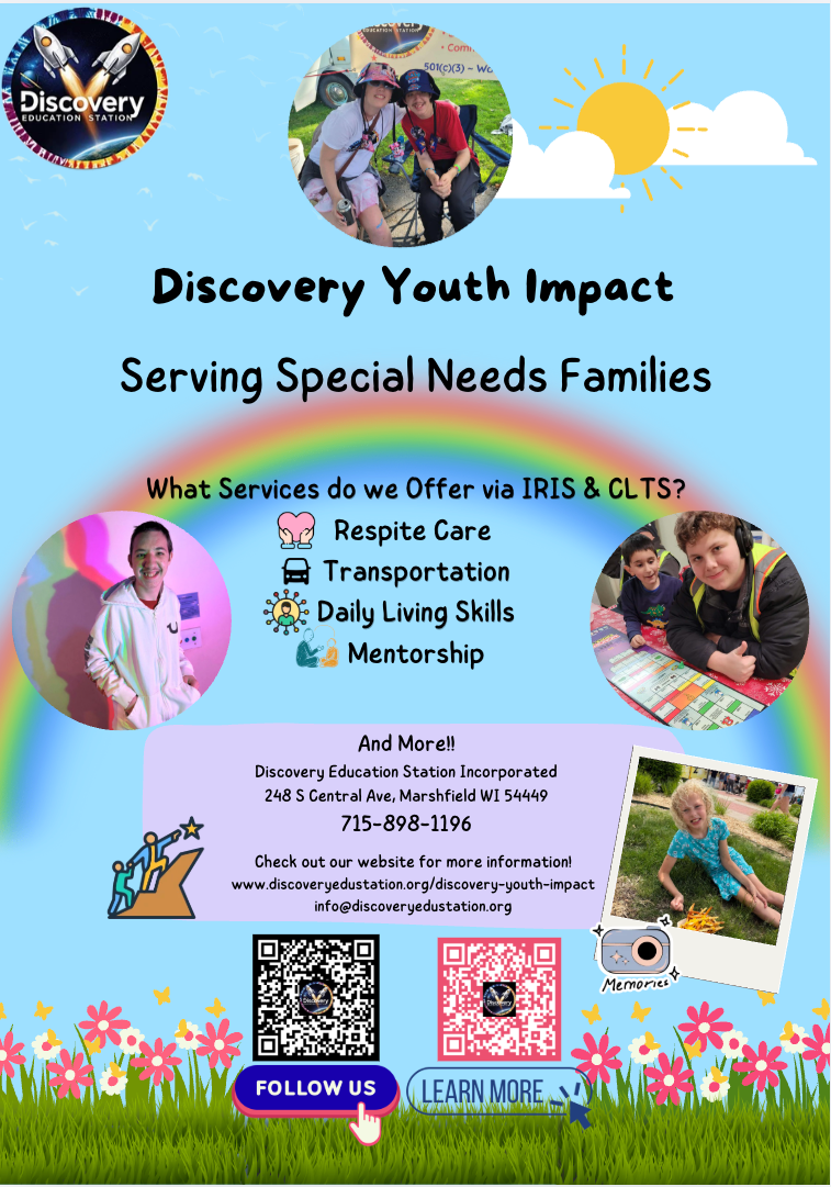 Discovery Youth Impact flyer for special needs families, with services, photos, and contact details on a blue sky background