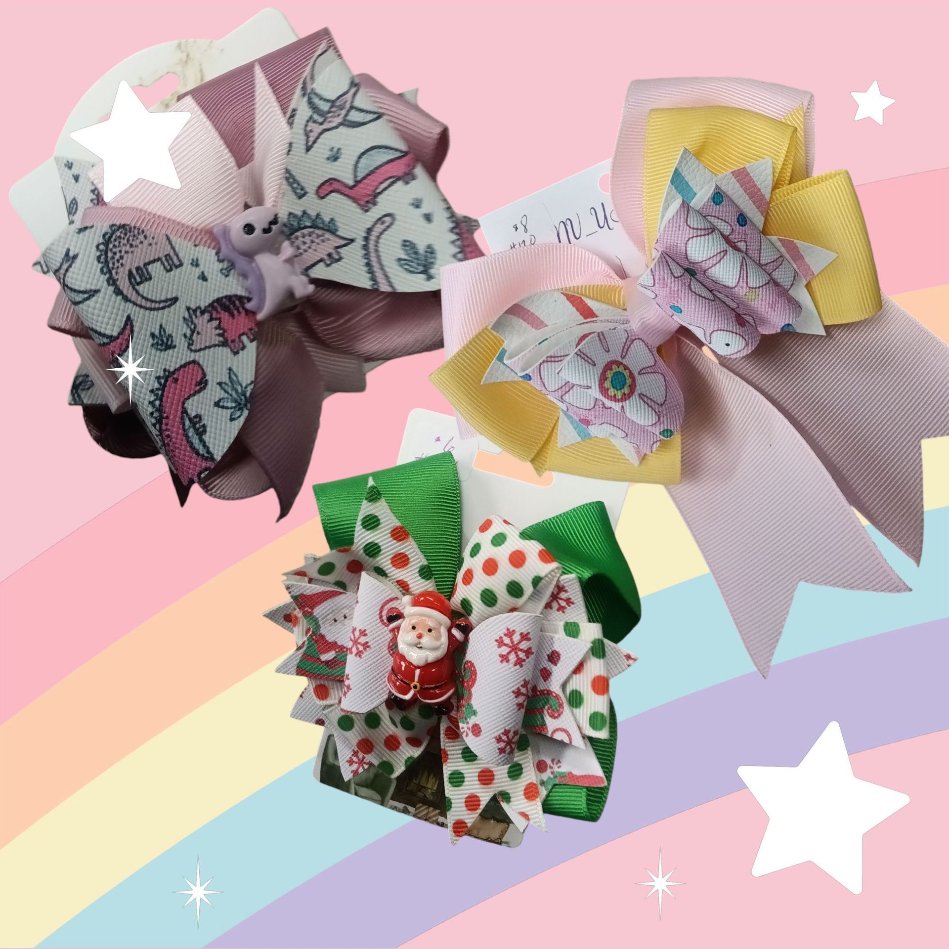 Three hair bows are sitting on top of each other on a pink background.