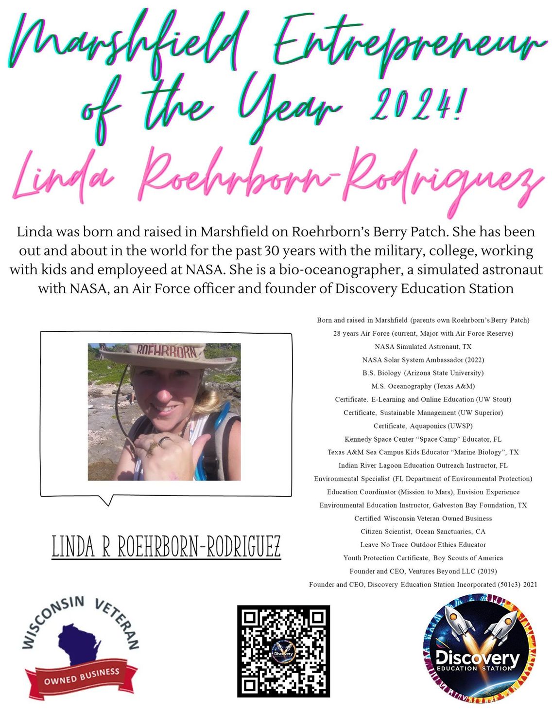 A poster for marshfield entrepreneur of the year 2028 linda roehrborn rodriguez.