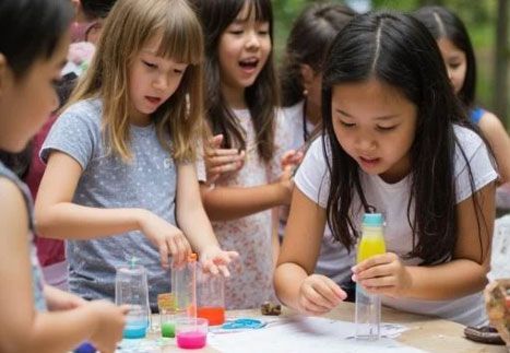A group of children engaged in a science experiment, pouring colorful liquids into clear plastic bottles at an outdoor table.
