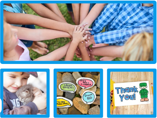 A collage of four photos: people stacking hands, a child holding a kitten, painted rocks, and a Thank You card for a soldier.