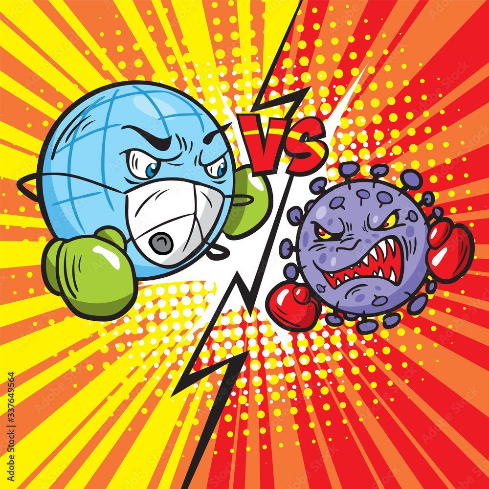 A cartoon of a globe wearing a mask and boxing gloves fighting a virus.