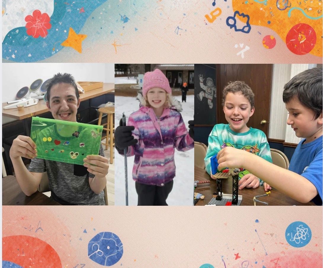 Children smiling and holding colorful handmade crafts in a classroom collage with festive decorations