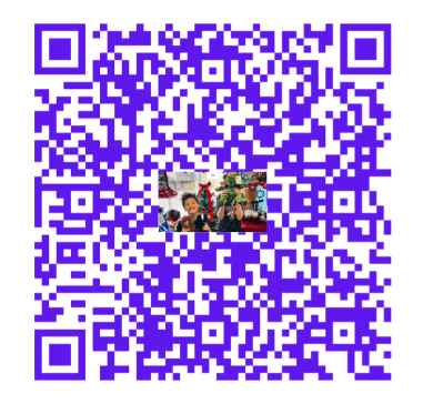 Purple QR code with a small central collage image.