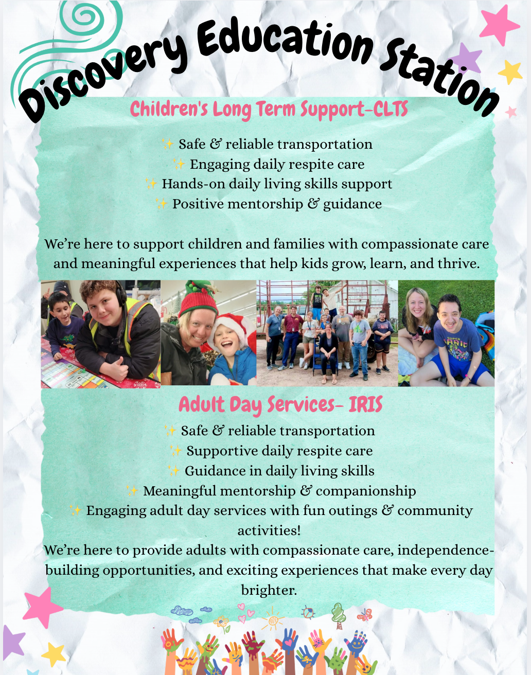 Flyer for Discovery Education Station detailing Children's Long Term Support and Adult Day Services for individuals.