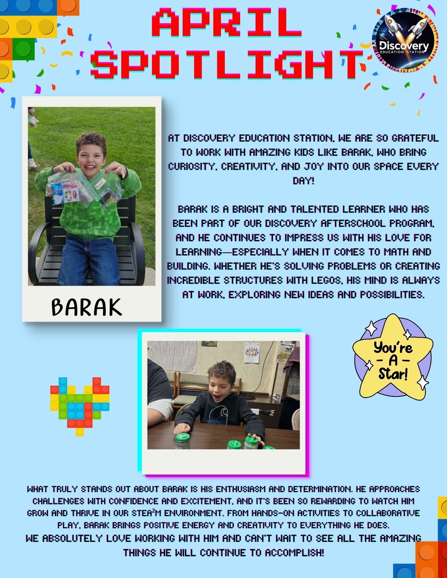 A digital flyer titled April Spotlight featuring photos of a student, Barak, engaged in activities at Discovery Station.