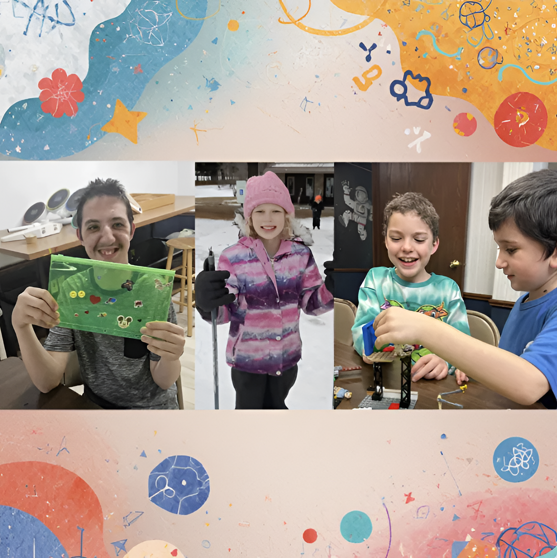 Four people holding colorful items, smiling indoors against a playful abstract background.