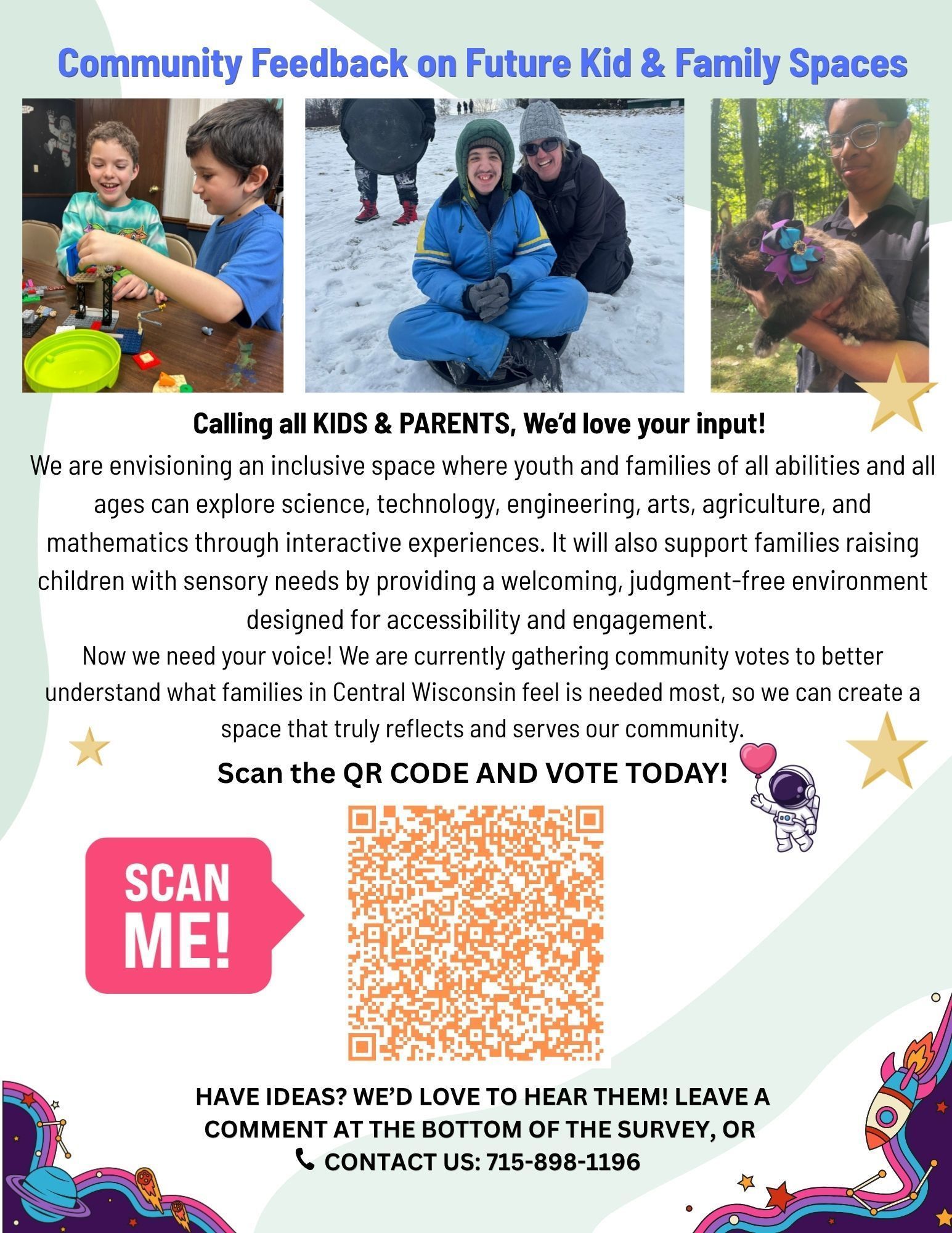 Feedback flyer with three photos, QR code, and “Scan me” callout for kids and family spaces survey