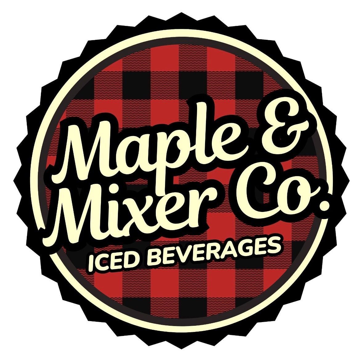 Maple & Mixer Co. iced beverages logo on a red-and-black plaid badge