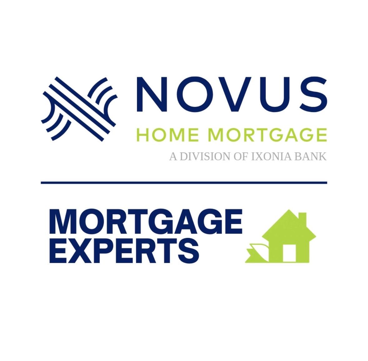 Novus Home Mortgage logo with blue and green text and a house icon above “Mortgage Experts”