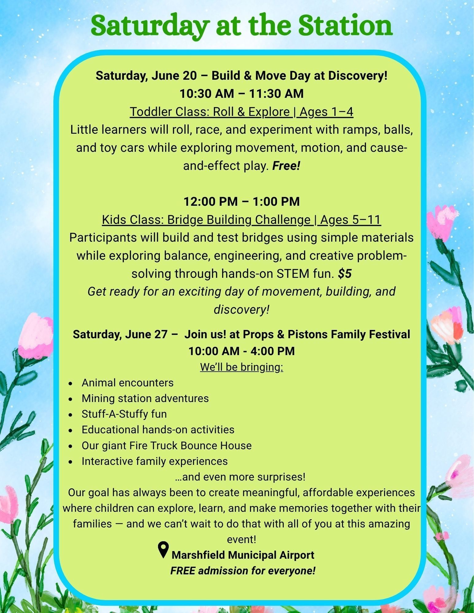 Event Flyer for March 2026 Saturday classes at the station in Marshfield, WI. 