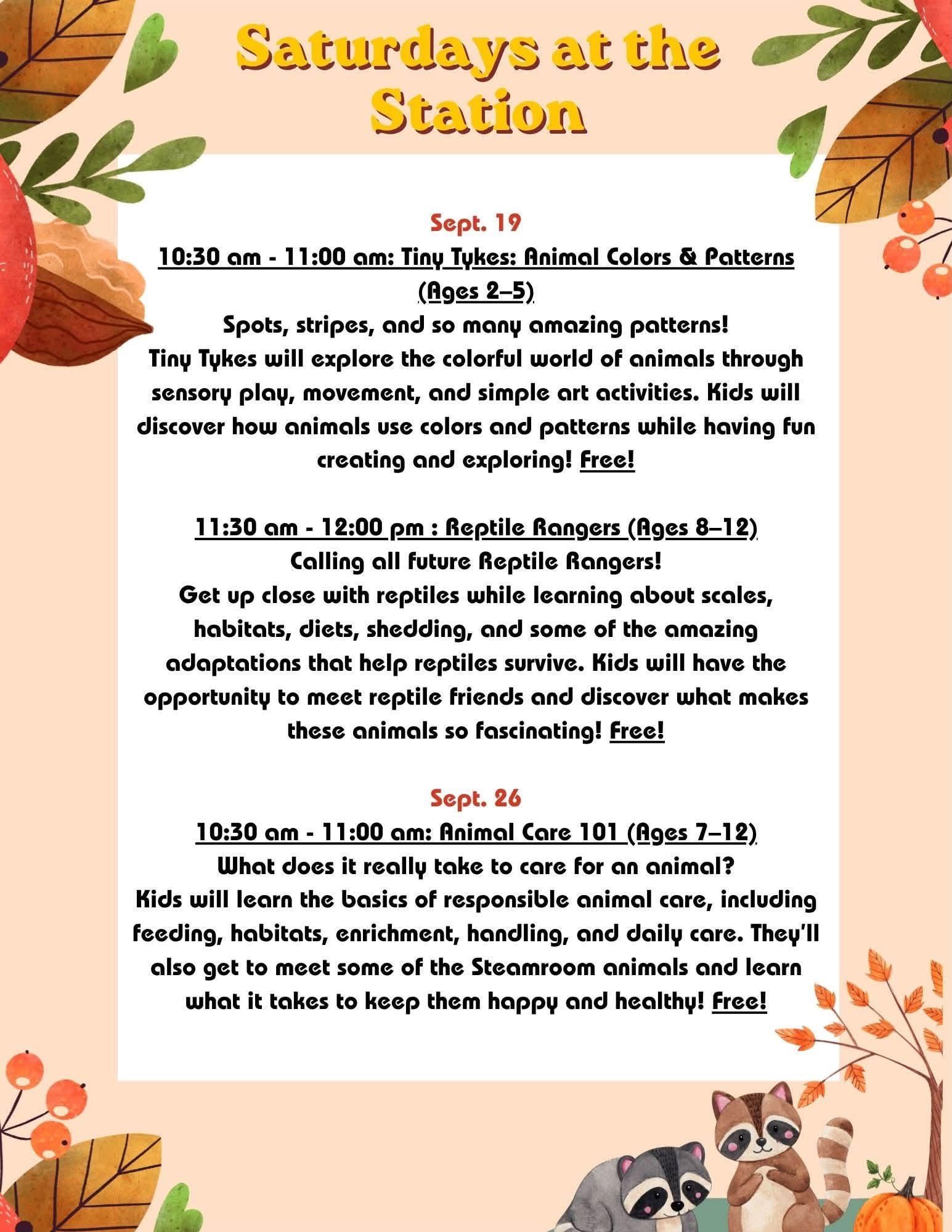 Fall festival flyer titled “Saturdays at the Station” with autumn leaves and event times/listings.