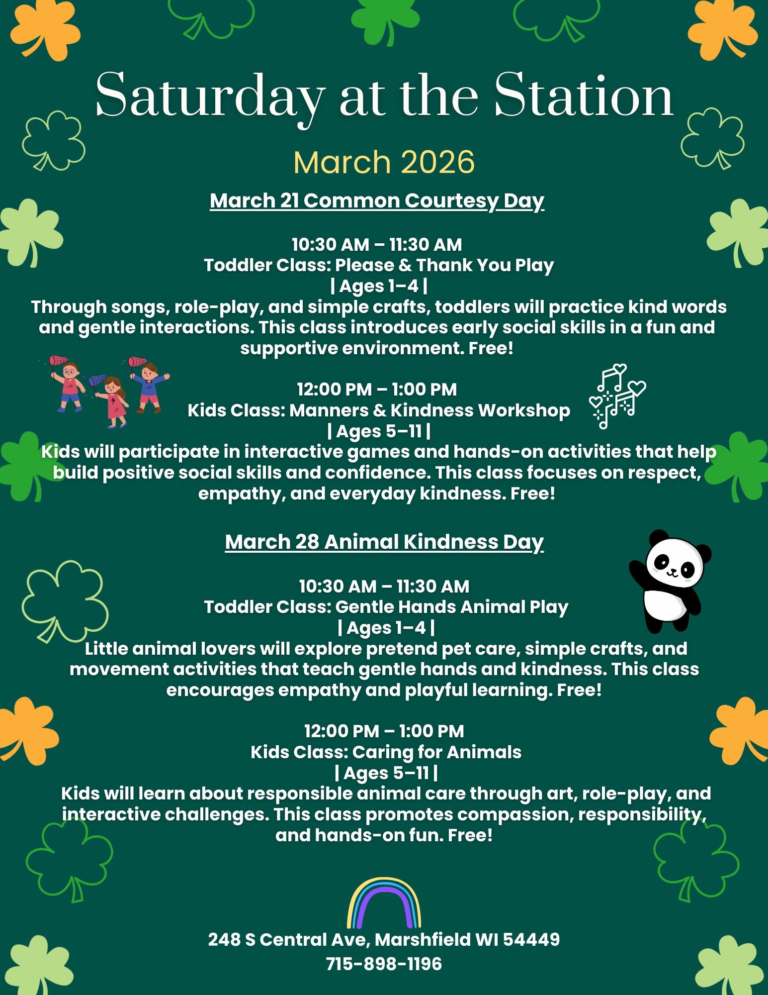 Event Flyer for March 2026 Saturday classes at the station in Marshfield, WI. 