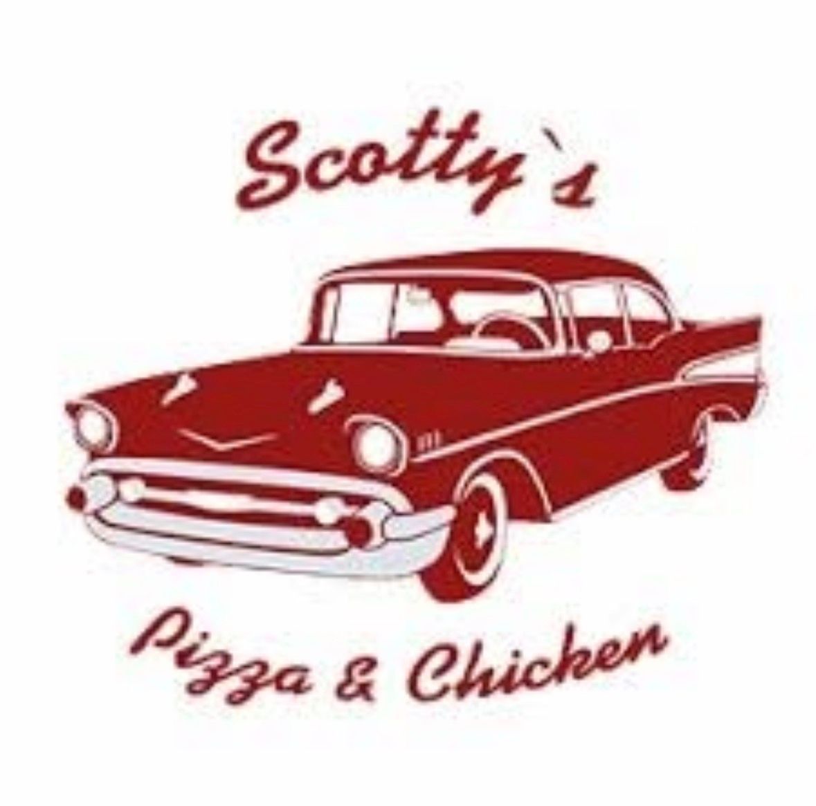 Scotty’s Pizza & Chicken logo with a red vintage car illustration