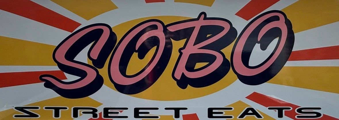 SOBO Street Eats logo with pink-and-black lettering on a sunburst background