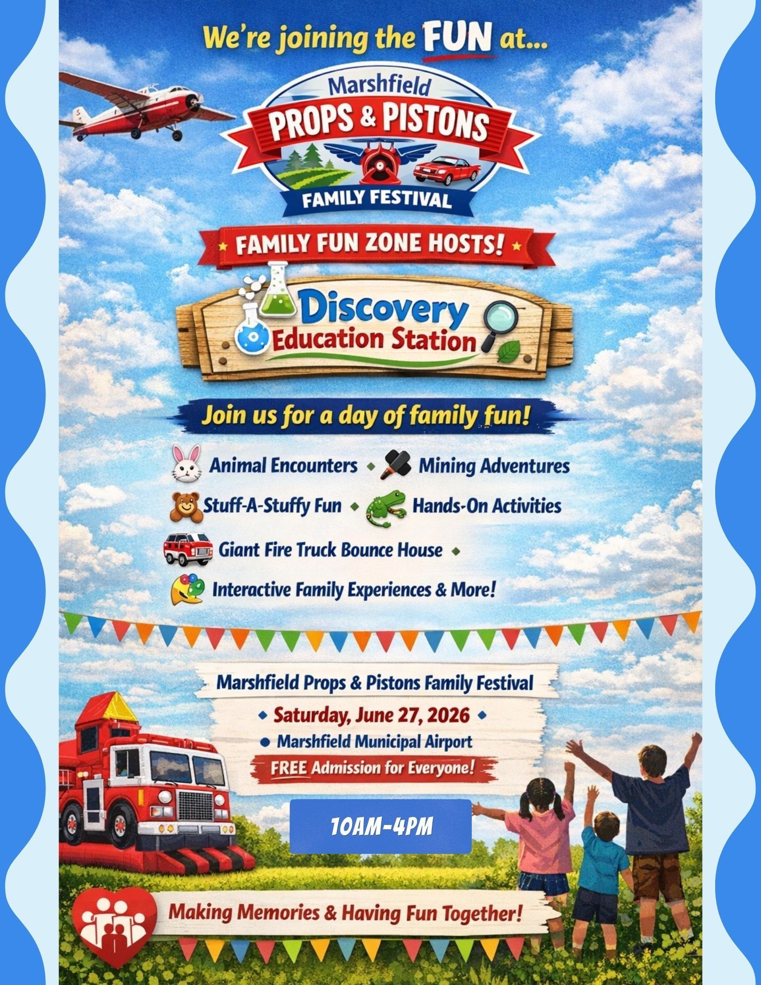 Fun family day festival flyer with a red airplane, museum logos, family activities, and a bus at a school.