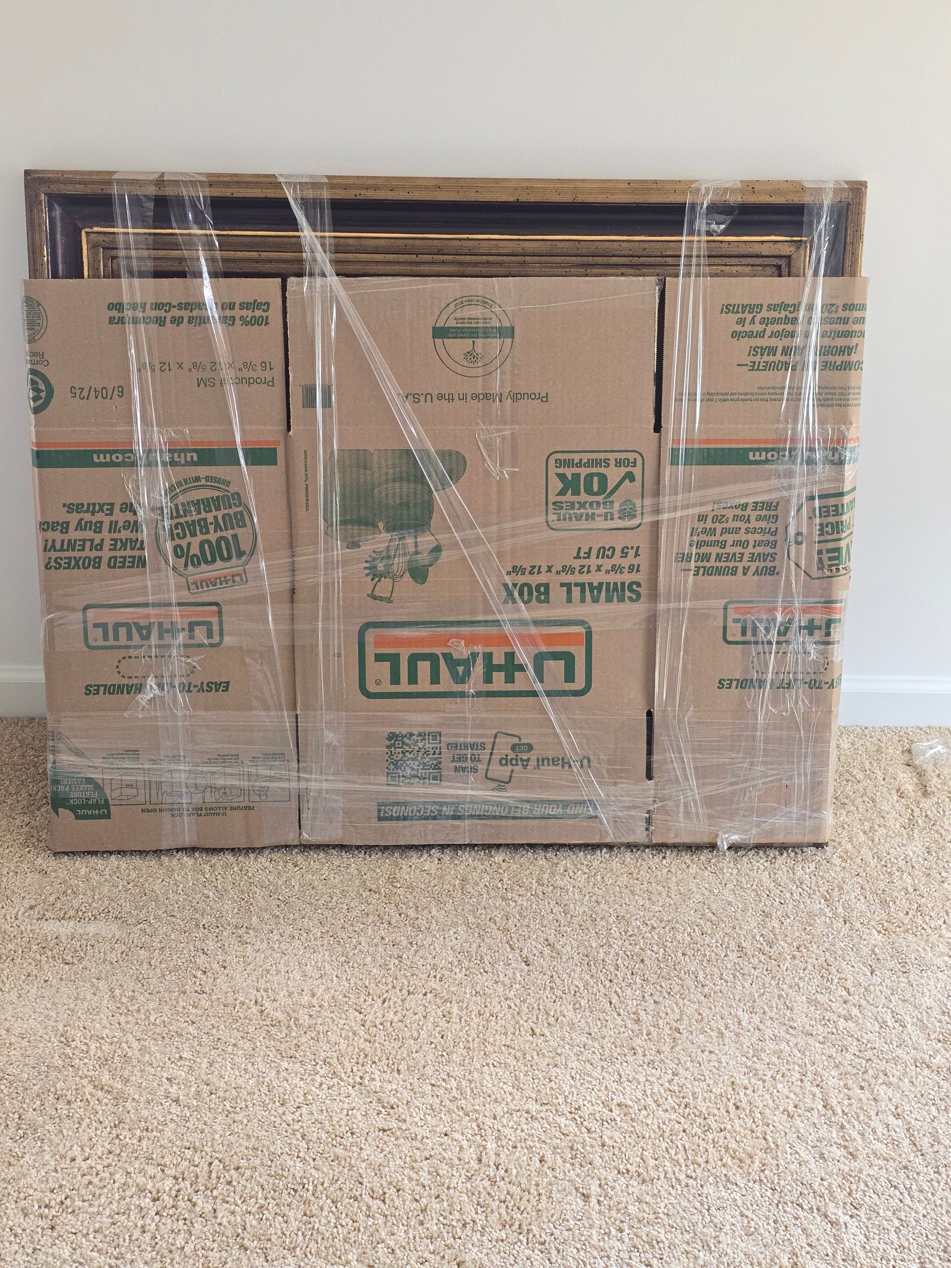 Cardboard boxes wrapped in clear plastic tape, protecting a framed item, resting on a carpeted floor.