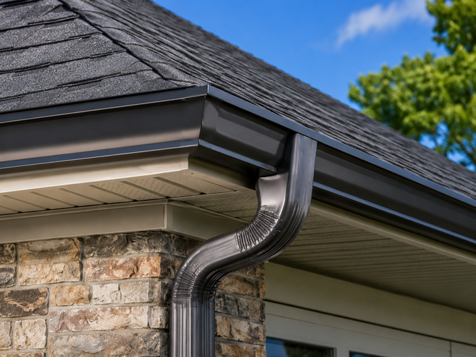 Close-up of a house roof edge with a metal gutter and downspout against a blue sky