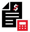 Black document with crossed-out dollar sign and red calculator icon