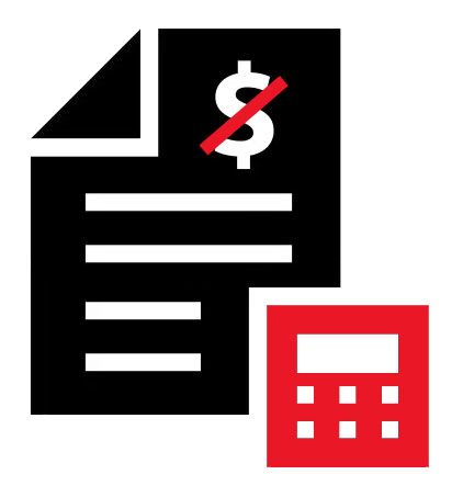 Black document with crossed-out dollar sign and red calculator icon