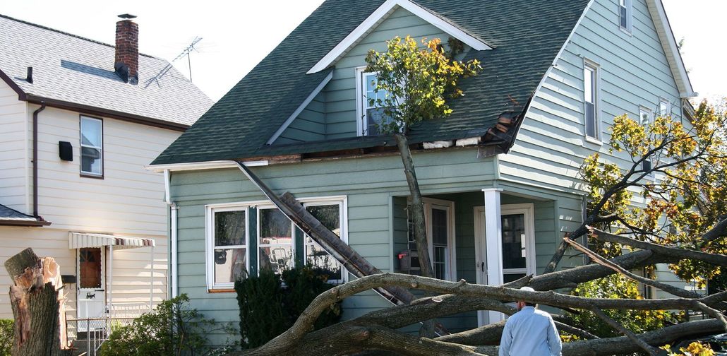 Damaged blue house with a fallen tree across the front yard and porch after a storm