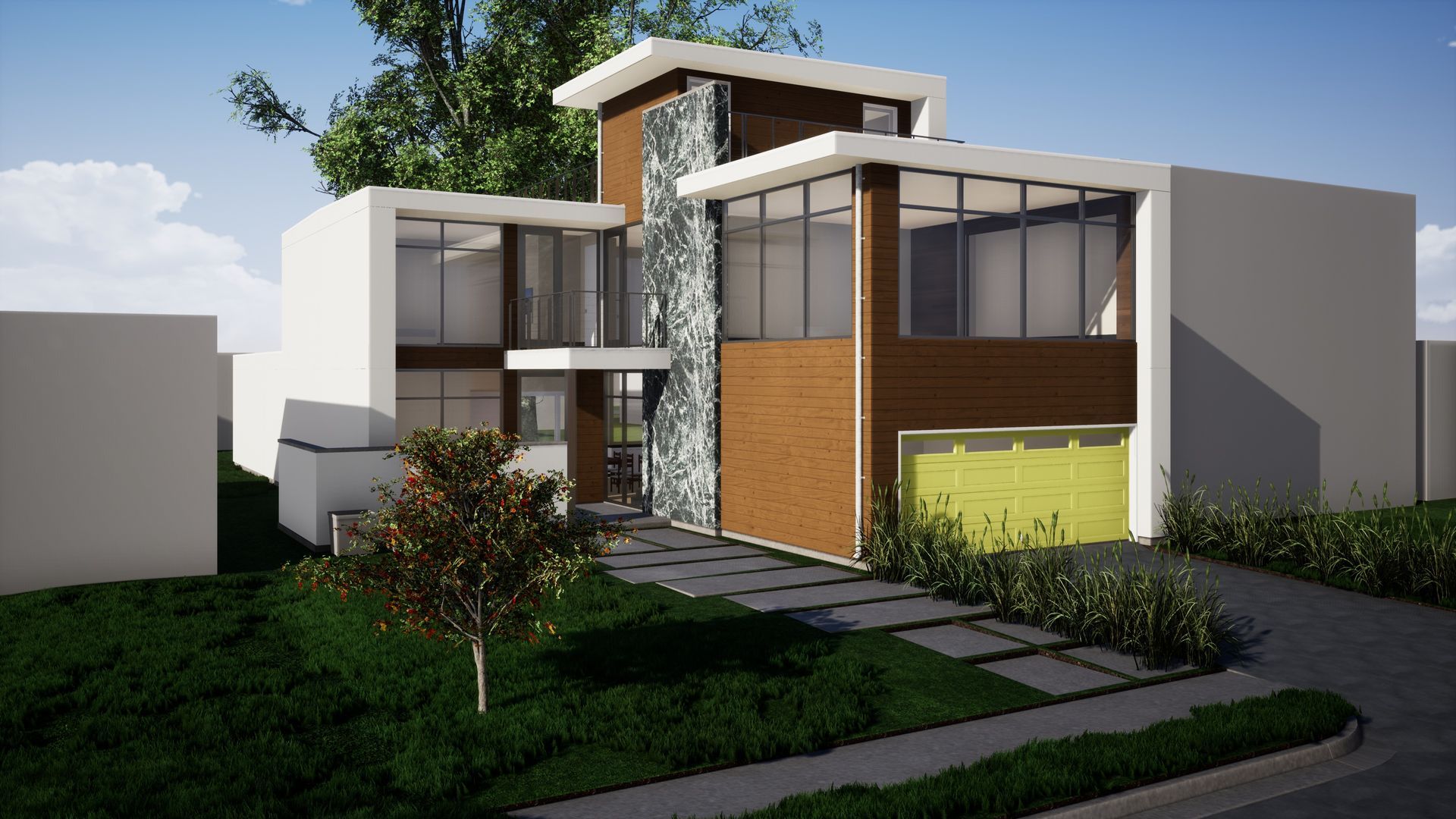 Modern house with glass windows, wood panels, and lime green garage door.