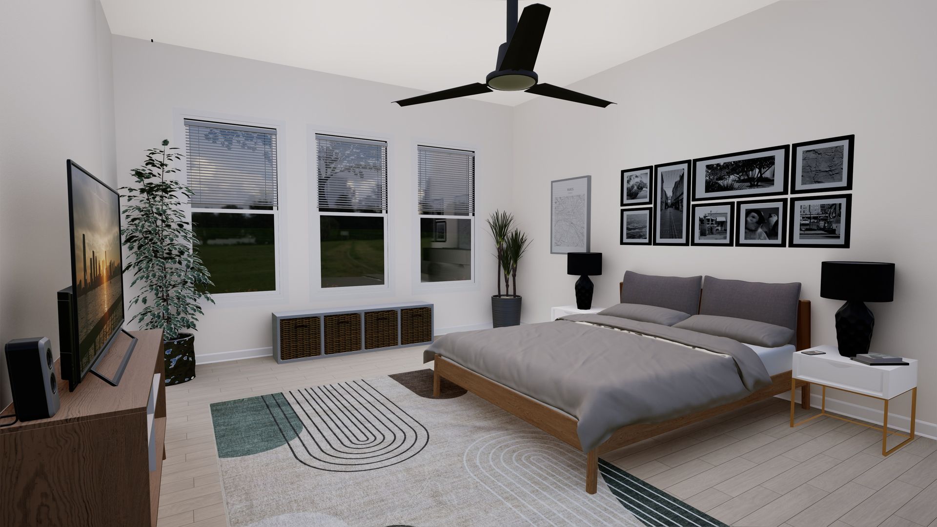 Modern bedroom with bed, TV, windows, and artwork. Neutral colors, wood accents.