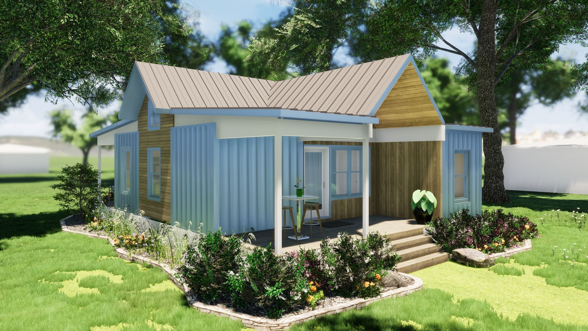 A small, blue and brown house with a porch, in a grassy yard with trees.