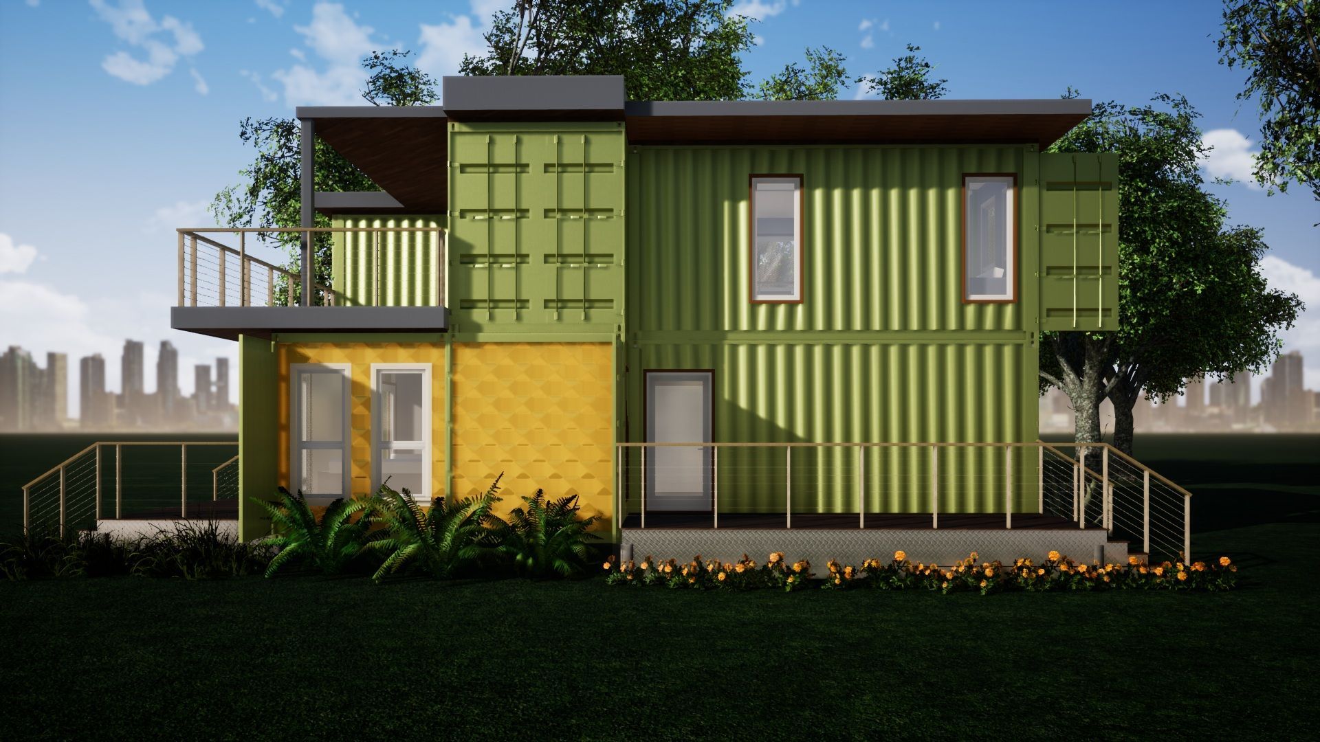 Two-story house made of green and yellow shipping containers with a balcony; trees and city in background.