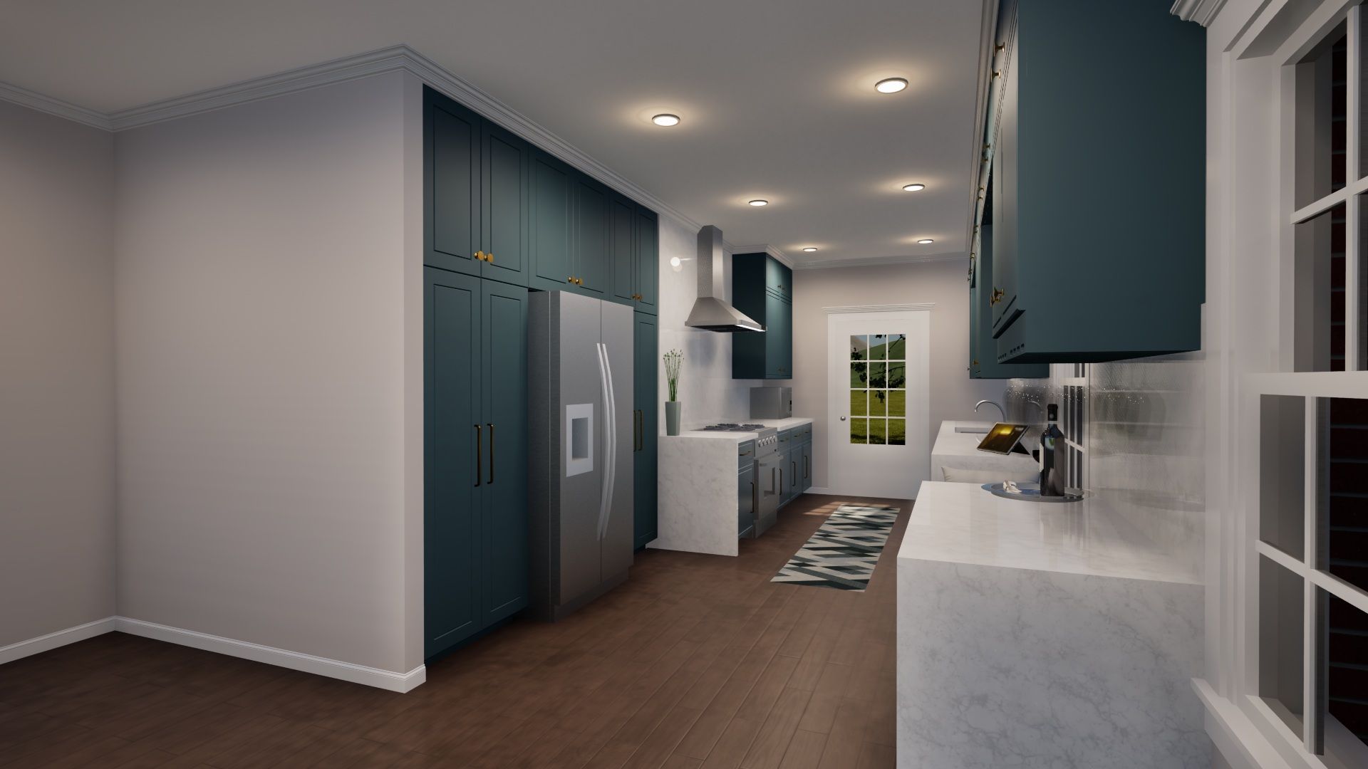 Kitchen with teal cabinets, stainless steel appliances, white countertops, and a wooden floor.