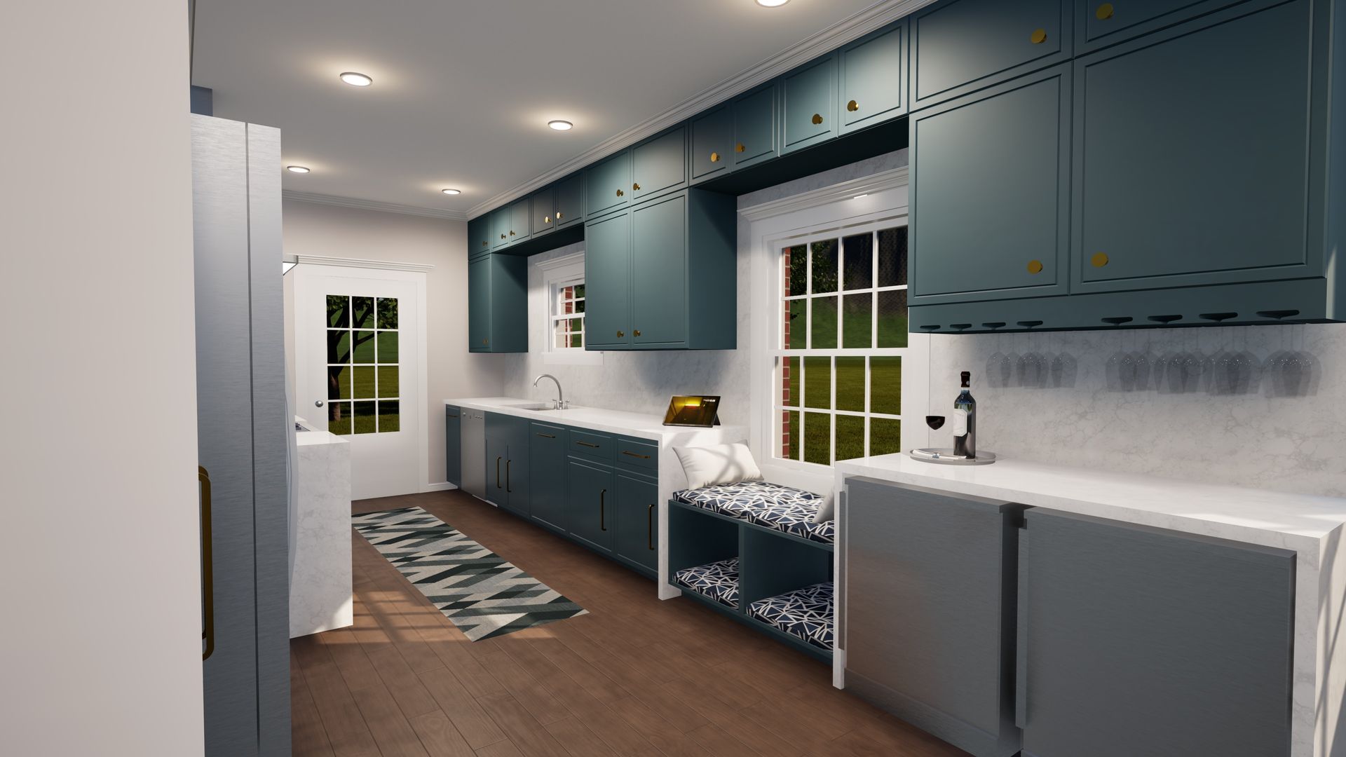 Modern teal kitchen with wood floor and white countertops, overlooking a backyard through the window.