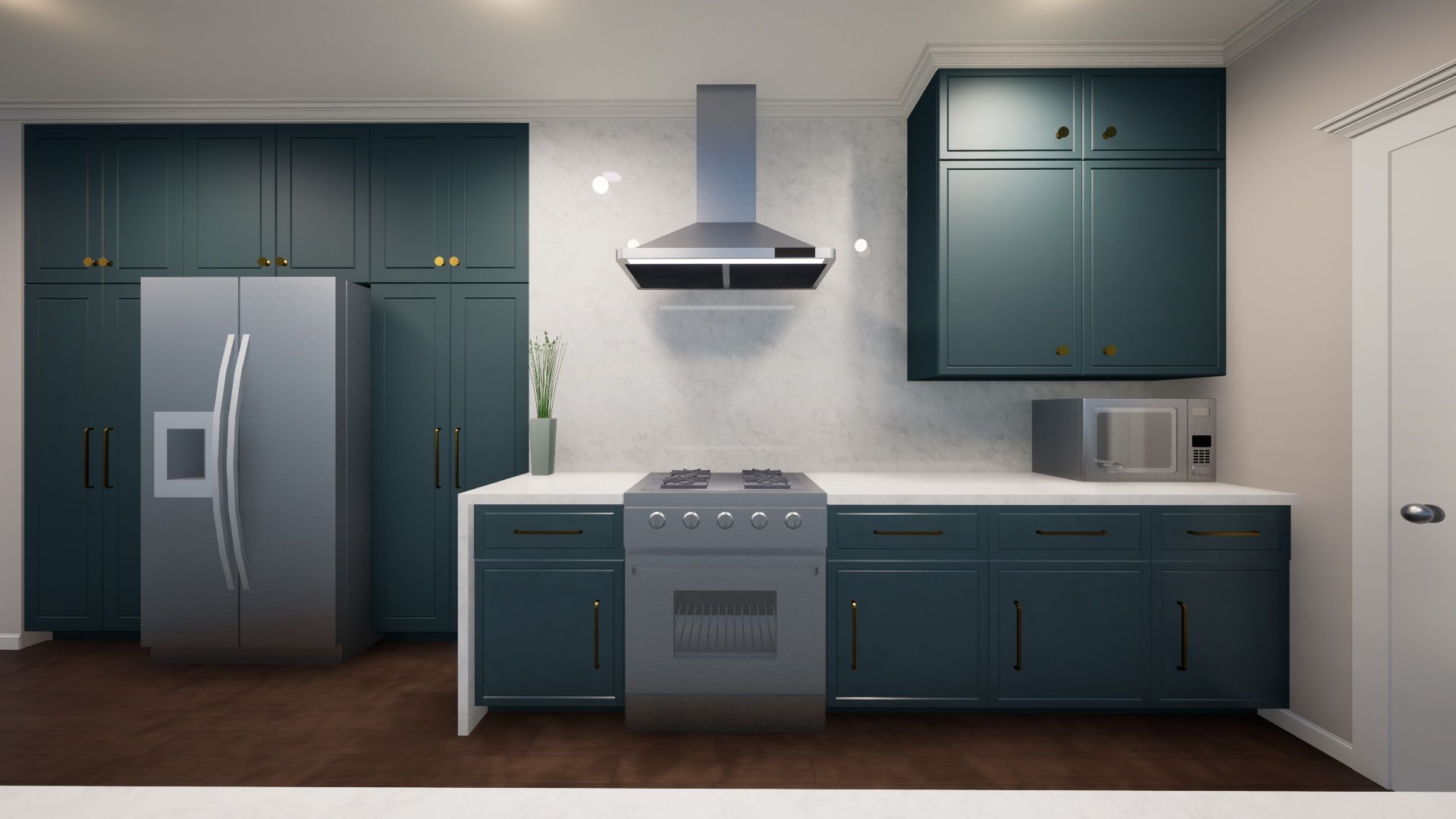 Kitchen with teal cabinets, stainless steel appliances, and white countertops.