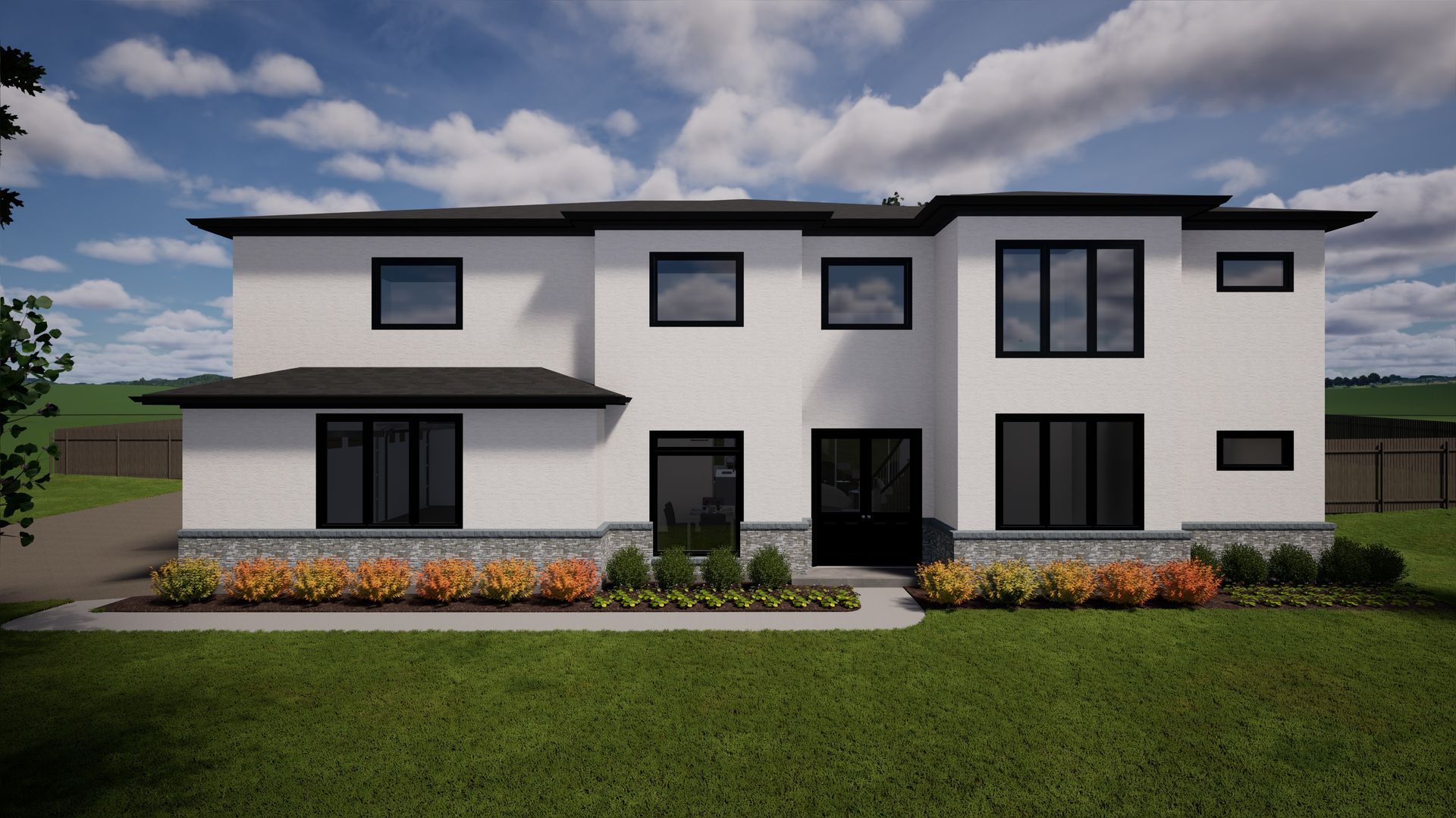 Modern two-story house with white stucco, black trim, gray stone base, and green lawn under a cloudy sky.