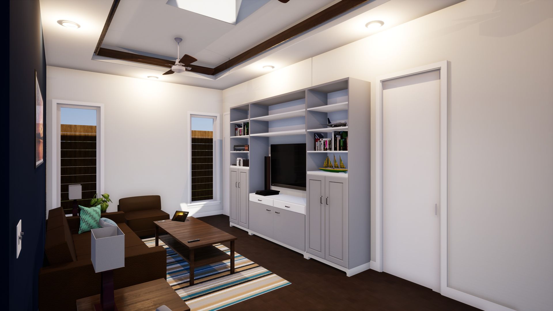 Living room with built-in entertainment center, dark brown sectional, wooden coffee table, and area rug.