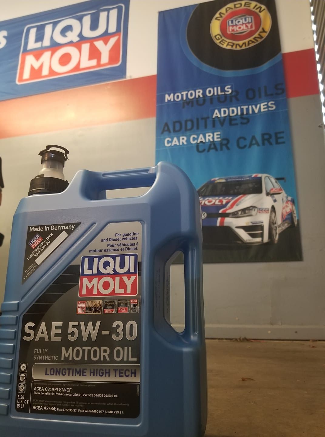 A bottle of liqui moly sae 5w-30 motor oil