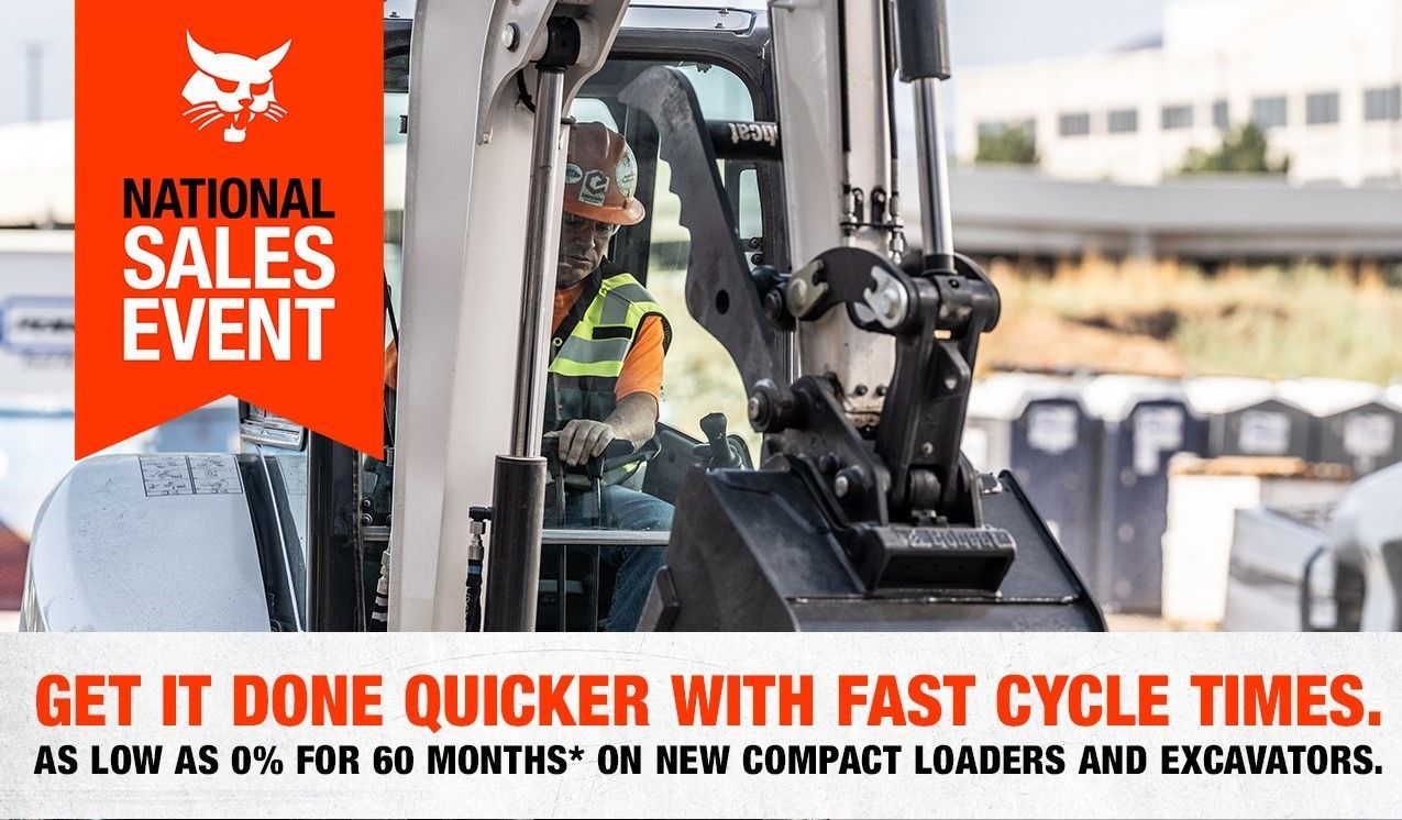 Bobcat National Sales Event ad: Compact loader and excavator, 0% financing for 60 months.