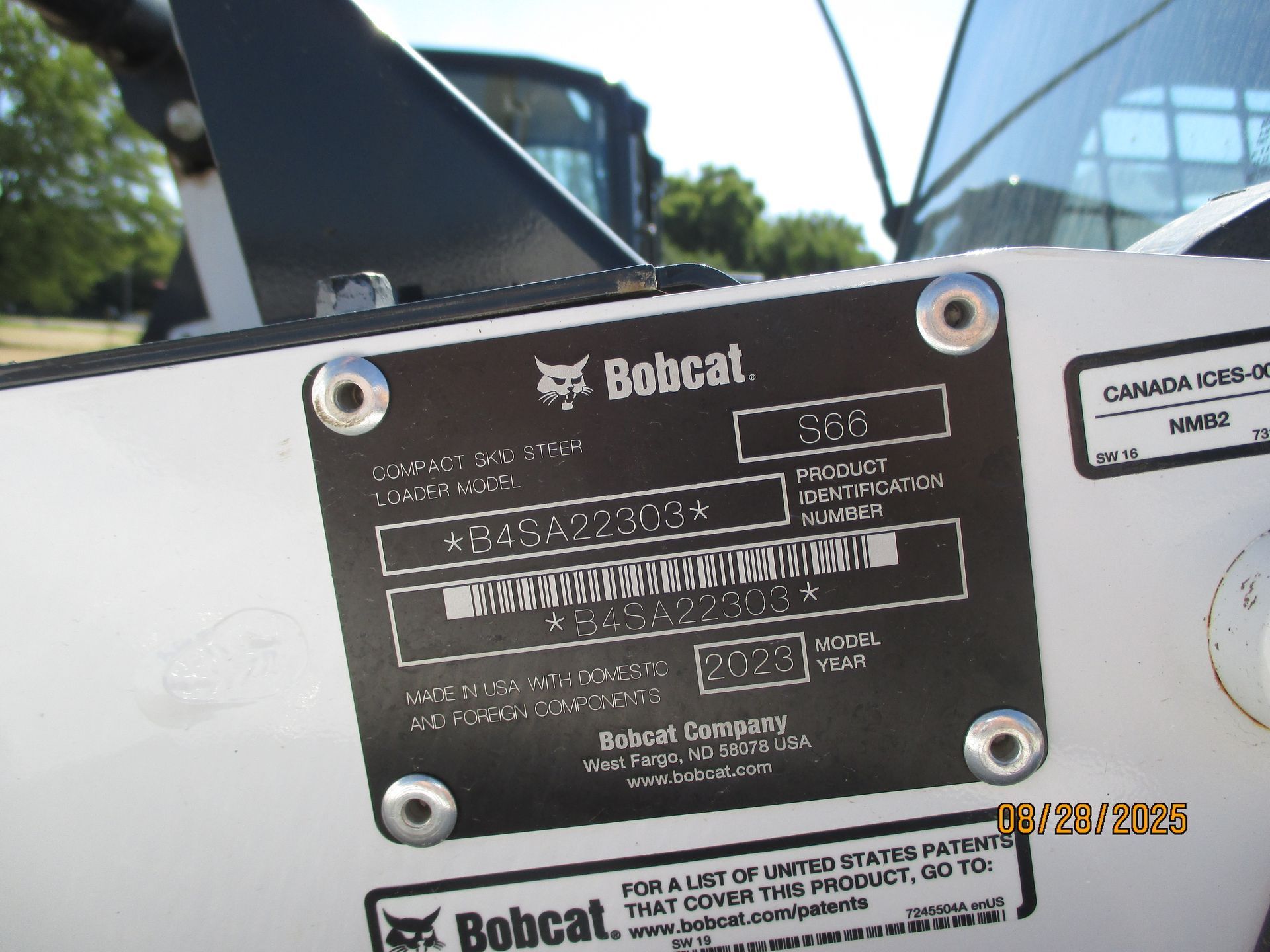 Bobcat machine identification plate with serial numbers and model year 2023.