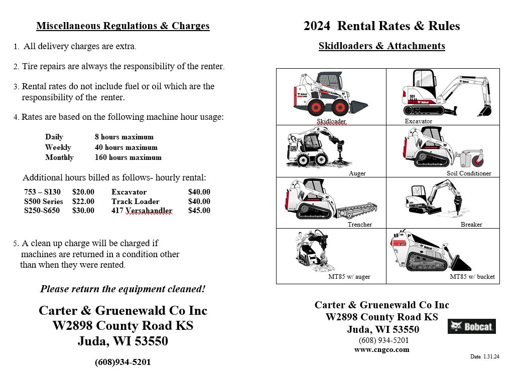 A brochure for bobcat rental rates and rules.