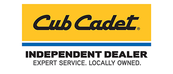 The cub cadet logo is yellow and blue and says independent dealer expert service locally owned.