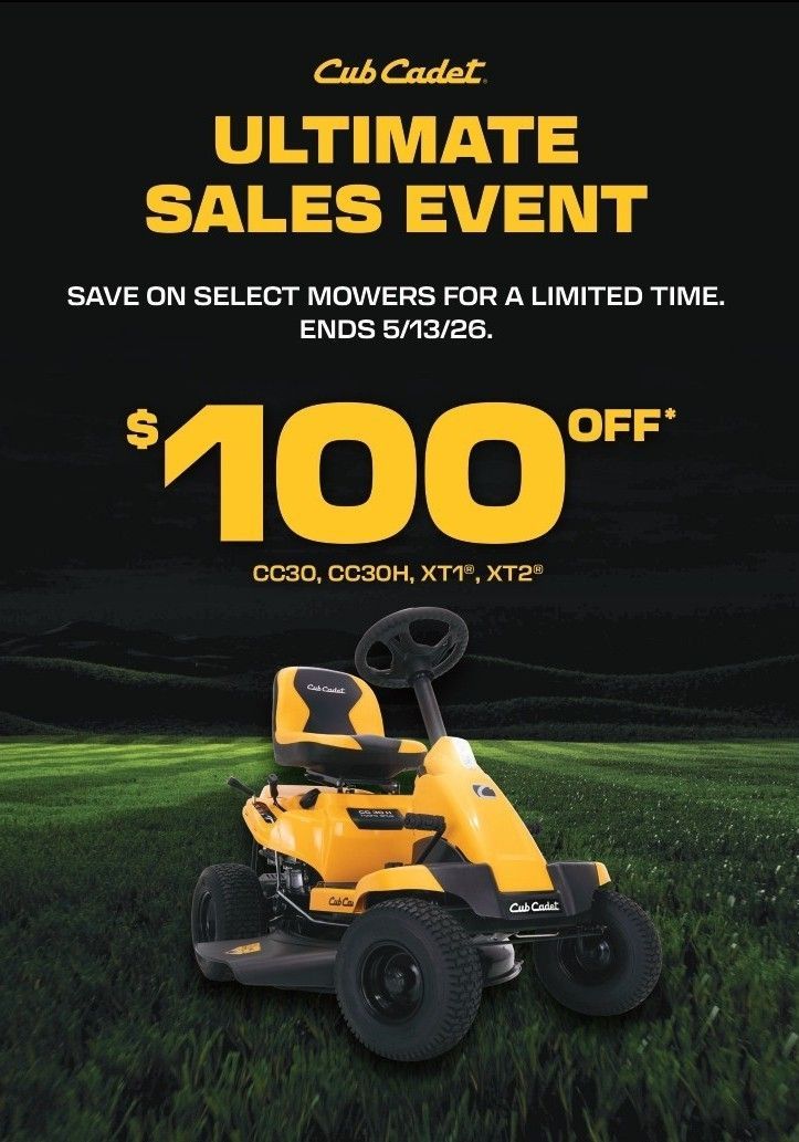 Cub Cadet Ultimate Sales Event ad showing a yellow riding mower on a dark green lawn with $100 off text