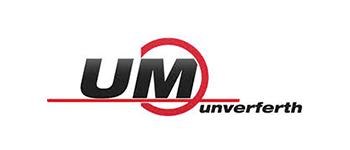 A black and red logo for um unverferth on a white background.