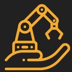 A hand is holding a robotic arm on a black background.