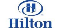 The hilton hotel logo is blue and white on a white background.